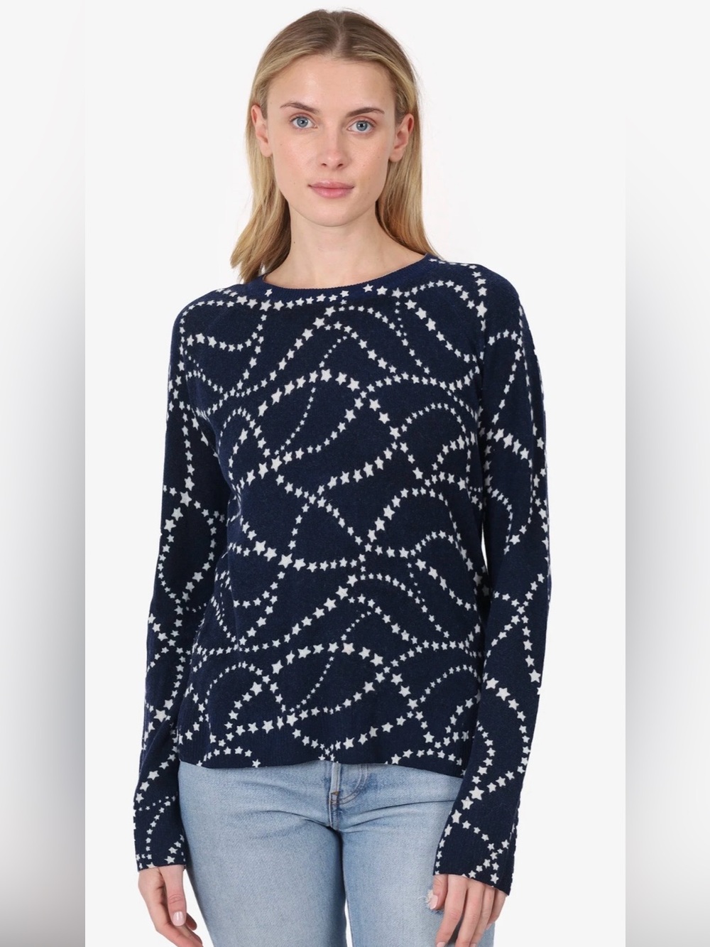 Equipment Navy Crewneck Cashmere Sweater White Star Wave Pattern